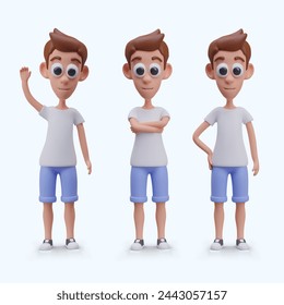 Vector realistic boy in cartoon style. Character in different poses