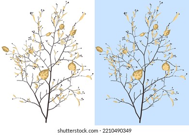 Rama vectorial realista con hojas amarillas otoñales.
