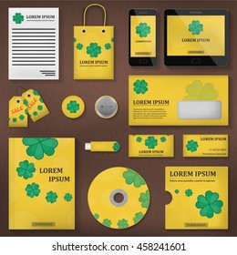 Vector realistic brand of clover theme mock up on the wooden background. Business concept of branding, advertising and corporate template.