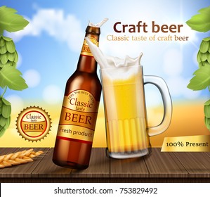 Vector realistic brand labeled brown glass bottle and mug with foamy beer stand on wooden table with barley ears and hops near the grass field. Poster template for classic craft beer ad package design