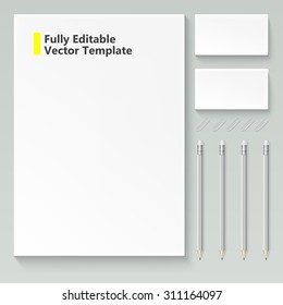 Vector realistic branding mock up, isolated on white background with sheets of paper, business cards, pencils and paper clips