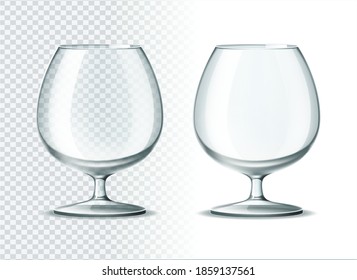 Vector realistic brandy, cognac glass goblet. Spirit drinks glass set. Cocktail party cup. Bourbon, whiskey or snifter beer glasses on transparent background.