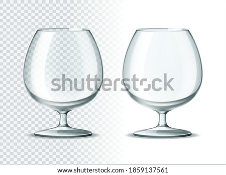 Vector realistic brandy, cognac glass goblet. Spirit drinks glass set. Cocktail party cup. Bourbon, whiskey or snifter beer glasses on transparent background.