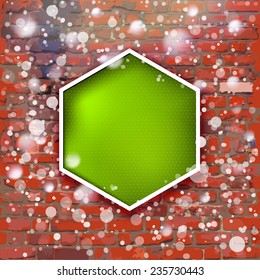 Vector realistic brick wall with hexagon label and snow. Vintage winter illustration.