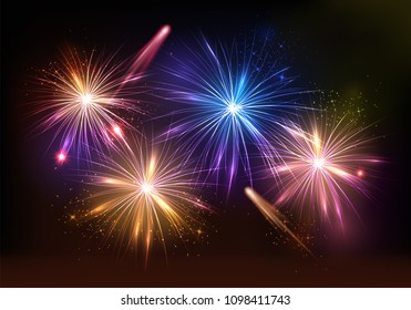 Vector realistic bright colorful fireworks on night sky