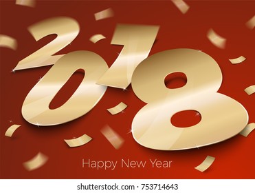 Vector realistic bright golden foil paper number 2018 laying on red surface, with shadows, perspective and blur. With falling confetti.