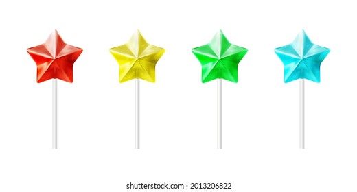 Vector realistic bright lollipops set. Isolated colorful transparent star shaped candies on sticks on white background