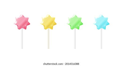 Vector realistic bright lollipops set. Isolated colorful transparent star shaped candies on sticks on white background