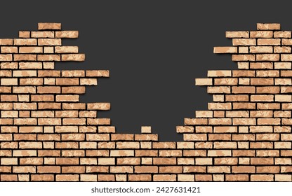 Vector realistic broken brown brick wall on black background. Hole in flat wall texture. Orange textured brickwork with gap for web, design, decor, background, wallpaper.