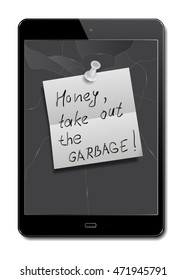 Vector realistic broken tablet with funny note.