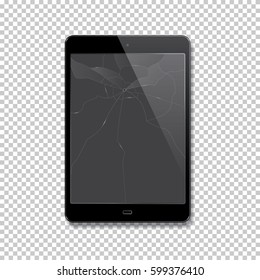 Vector realistic broken tablet isolated on transparent background.