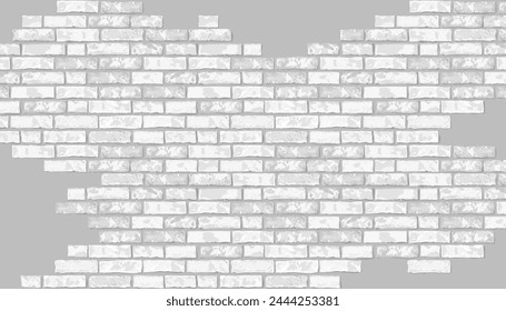 Vector realistic broken white brick wall on grey background. Holes in flat wall texture. Light textured destroyed brickwork for web design, banner, background, wallpaper.