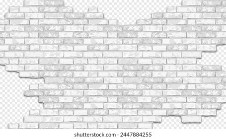 Vector realistic broken white brick wall on transparent background. Holes in flat wall texture. Light textured destroyed brickwork for web design, banner, background, wallpaper.