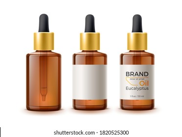 Vector realistic brown blank bottles and bottle with brand label with pipette set. Cosmetic skin care, hair care essence, natural medicine product mockup. Organic eucalyptus essence product