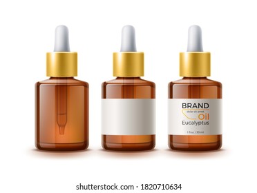 Frascos vectoriales realistas en blanco y frasco con etiqueta de marca con pipeta. Cuidados cosméticos de la piel, esencia de cuidado del pelo, maquillaje de productos de medicina natural. Producto de esencia de eucalipto orgánico