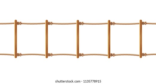 Vector realistic brown rope ladder isolated on white background. Staircase with cords and wooden rods, equipment for climbing up or down. Decorative horizontal seamless pattern for your design