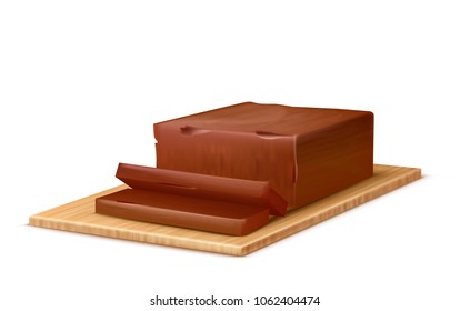 Vector realistic brown stick of chocolate butter with slices or spread on the cutting board isolated on background. Fat, sweet natural dairy product for cooking and eating. Mockup for your design