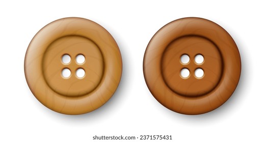 Vector Realistic Brown Wooden Buttons for Clothes Set Closeup Isolated. Design Template for Fashion, Art, Needlework, Sewing, Scrapbooking Decor. Round Clothes Button in Top View