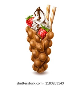 Vector realistic bubble waffle. 3d Hong Kong wafer or egg waffle with sweet ripe strawberry, vanila cream and chocolate and sticks. Gourmet dessert food, delicious restaurant meal, snack