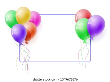 Vector realistic bunch of colorfull helium balloons on white background. Concept for greeting card, invitation, poster, offer. Frame for the text. Three-dimensional illustration. Eps 10.