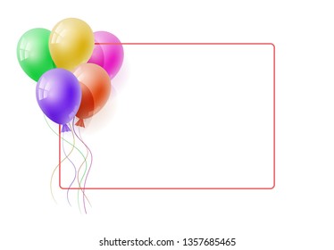 Vector realistic bunch of colorfull helium balloons on white background. Concept for greeting card, invitation, poster, offer. Frame for the text. Three-dimensional illustration. Eps 10.