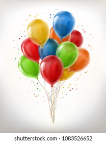 Grupo vectorial realista de globos brillantes voladores, multicolores, llenos de helio aislado en fondo blanco. Clipart con objetos decorativos para fiestas, cumpleaños, fiestas de carnaval, eventos