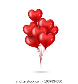 Vector realistic bunch helium balloons isolated with red hearts.