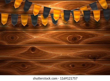 Vector realistic bunting flags orange black colored for halloween holiday celebration festive decoration. 3d flags hanging garland, greeting card background design on wooden texture