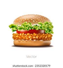 Vector realistic burger illustration. Crispy chicken burger with lettuce, tomato, cheese, chicken and sauce. Close-up isolated on white background. Fast food