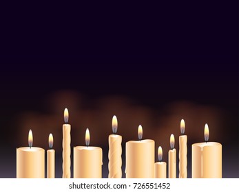 Vector realistic burning candles on dark background.