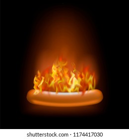 Vector Realistic Burning Grill Sausage and Red Fire Isolated on Black Background. Street Fast Food.
