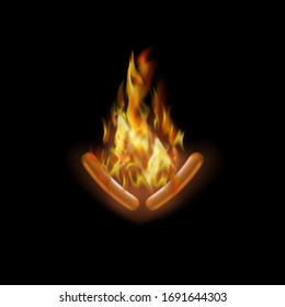 Vector Realistic Burning Grill Sausage and Red Fire Isolated on Black Background. Street Fast Food.