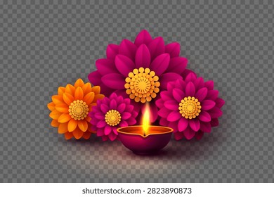Vector realistic burning oil diya lamp with magenta and orange flowers for Happy Diwali festival. Indian celebration design element isolated on transparent background for greeting card or poster.