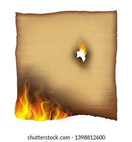 Vector realistic burning parchment with hole isolated on the white background. Vintage torn paper with texture.