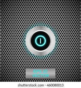 Vector realistic button on metallic grid background. Power switch.