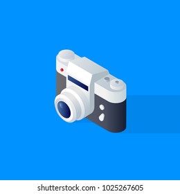 Vector realistic camera. Isometric old-fashioned cam with buttons on blue background. Photo reflex camera flat icon.