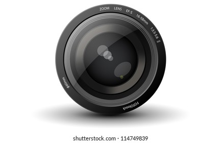 Vector realistic camera lens with a drop shadow on white background