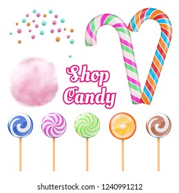 Vector realistic candies - cotton candie and lollipops isolated on white background