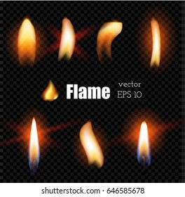 Vector realistic candle fire, cigarette lighter flame. 3d glowing illustration, glowing burning flare on dark transparent background. Ignition blazing object for poster banner design.