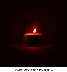 Vector realistic candle illustration . Burning candle on dark background .