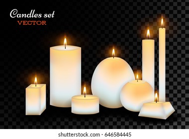 Vector realistic candles set. 3d wax lit, romantic celebration, dating, christmas birthday holiday, anniversary party glowing decoration objects with fire flame. transparent background illustration