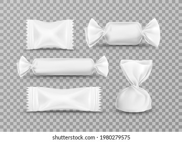 Vector realistic candy paper wrappers for brand ad design on transparent background. Set of illustrations of white glossy plastic packing for candies, chocolate, truffle and pouch sweets production.