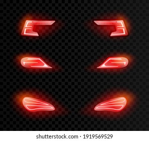 Vector realista coche retroiluminación roja en diferentes formas sobre fondo oscuro transparente.