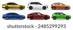 Vector Realistic Car Collection includes Red, blue and yellow sedan and white SUV and orange and green Hatchback, all this cars in side view with gradients and isolated in white transparent background