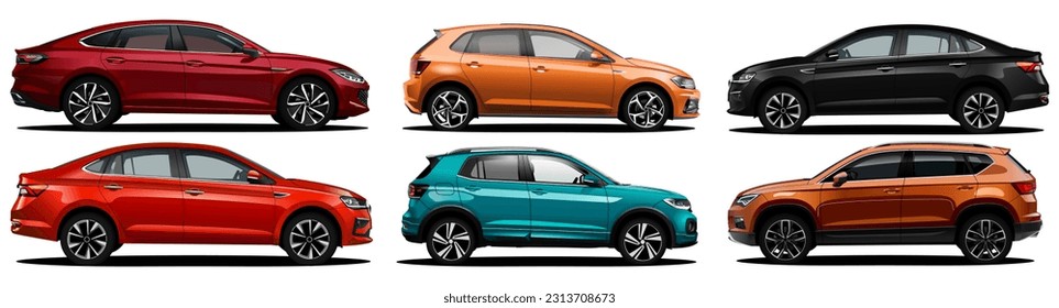 Vector Realistic Car Collection includes Red, black sedan and orange and green SUVs and orange Hatchback all this cars in side view with gradients and white background - Shutterstock ID 2313708673