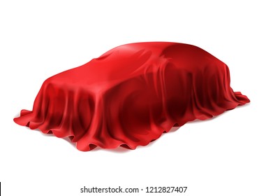 Vector realistic car covered with red silk isolated on white background. Presentation of new car in dealership, auto surprise under scarlet cloth.