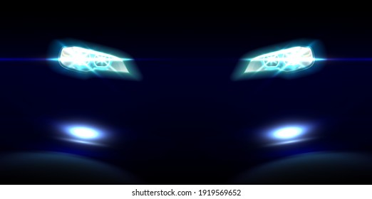 Vector realistic car front lights on dark background.