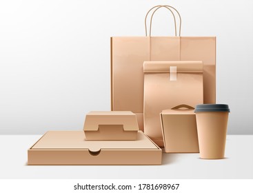 Conjunto de embalaje de cartón vectorial realista. Pizza, hamburguesas y cajas de entrega de comida rápida y paquetes, bolsas de compras en blanco. taza de café desechable, paquetes de comida para llevar.