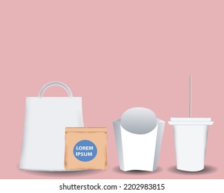 Vector realistic cardboard packaging set. Pizza, burger and fast food delivery boxes and packs, blank shopping bags. Disposable coffe cup, takeaway package mockups.