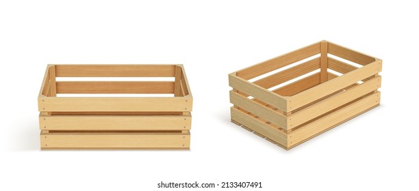 Vector realistic cargo storage wooden box isolated on white background. Wooden fruit box with holes. Box for storage and transportation of food.